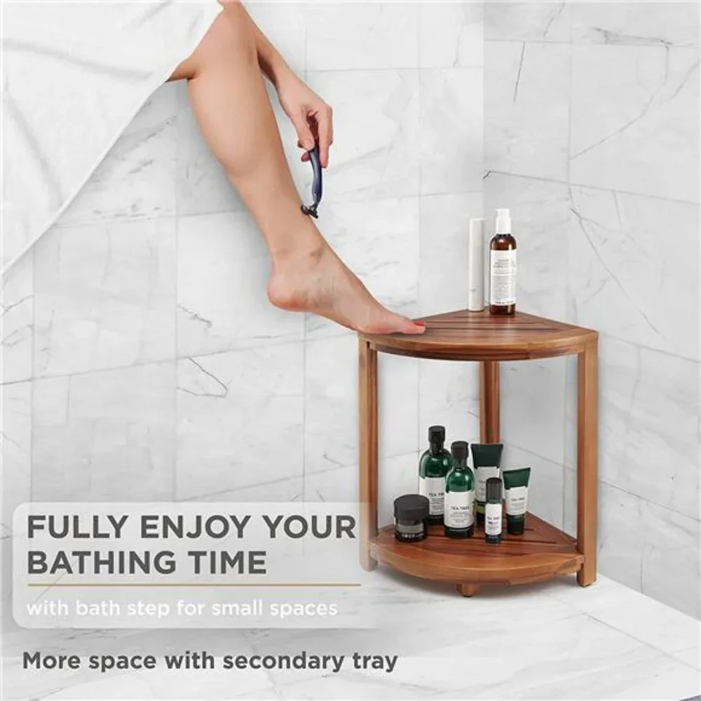 Wood Corner Shower Bench & Corner Shower Stool with Storage Shelf (Acacia)